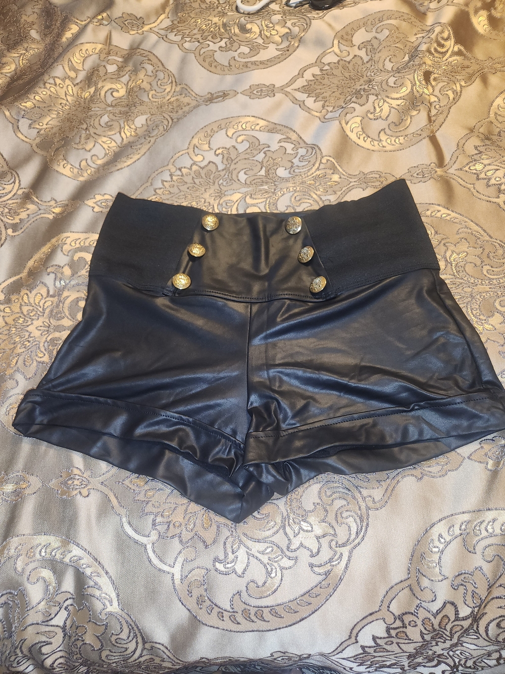 Ava & Viv Black High-Waist Faux Leather Shorts with Gold Buttons